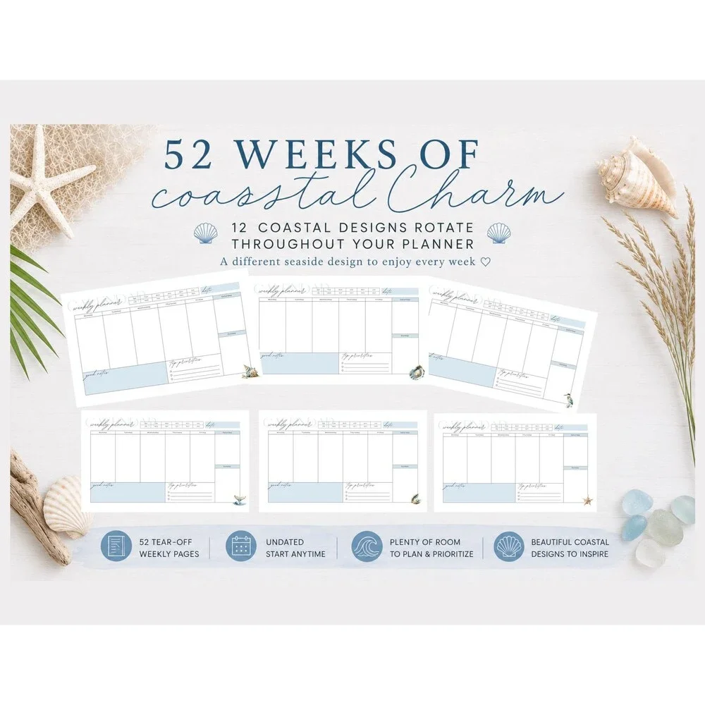 Undated Coastal Weekly Planner, 52 Week Tear-Off Desk Organizer (8.5
